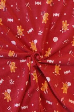 Fleece Print - Gingerbread Man and Christmas Candy on Red