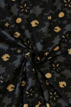 Fleece Print - Black Big Flowers on Dark Grey