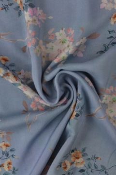 Viskose - Caramel/Pink Flowers on Dusty Blue