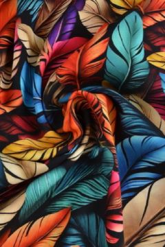 Viskose - Digital Multicolor Feathers on Black