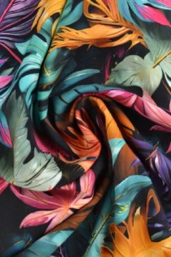 Viskose - Digital Multicolor Leaves on Black