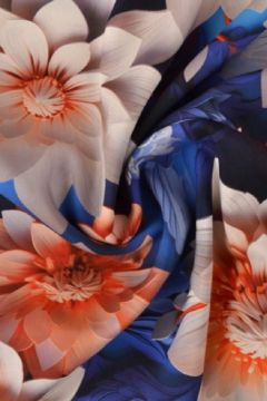 Viskose - Digital Salmon/Blue Paper Art Flowers on Dark Blue