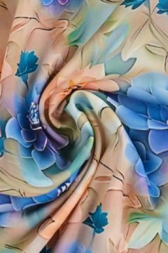 Viskose - Blue/Salmon Waterlillies on Soft Taupe