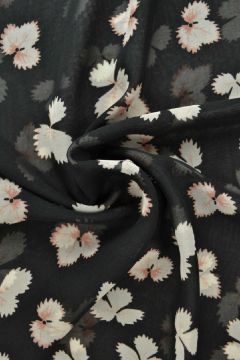 Chiffon - Salmon/White Leaves on Black