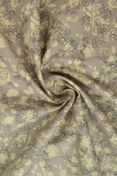 Katoen - Beige Flower Branches on Taupe