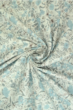 Katoen - Light Blue/Grey Flowers on White