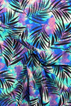 Badeanzugstoff - Black Palmleaves on Tie Dye Blue/Purple
