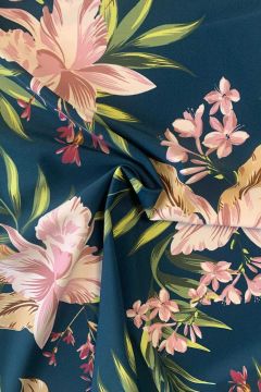 Lycra - Pink/Bordeaux Flowers and Palmleaves on Navy