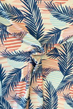 Lycra - Blue Palmleaves and Coral Circles on Creme