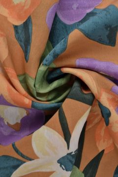 Viskose Fashion - big multicolor flowers on dark ochre