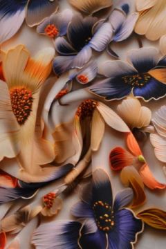 Viskose - Digital Blue/Beige Paint Brush Flowers on Grey