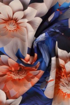 Viskose - Digital Salmon/Blue Paper Art Flowers on Dark Blue