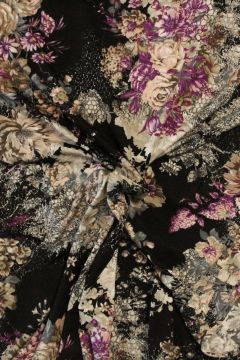 Viskose Jersey - Beige and Cassis Flowers on black