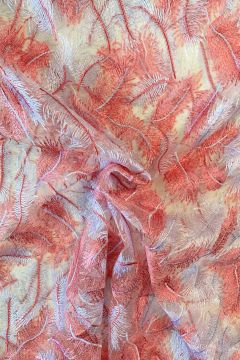 Mesh - Embroidery Feathers - Coral/White