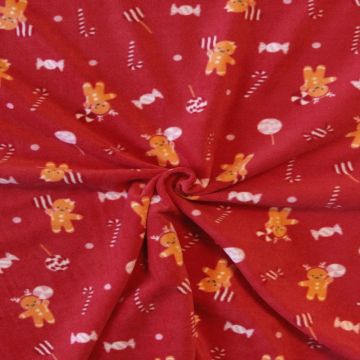 Fleece Print - Gingerbread Man and Christmas Candy on Red