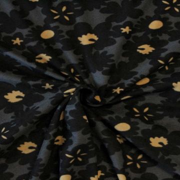 Fleece Print - Black Big Flowers on Dark Grey