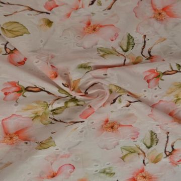 Broderie Katoen Print - Soft Coral Blossom on White