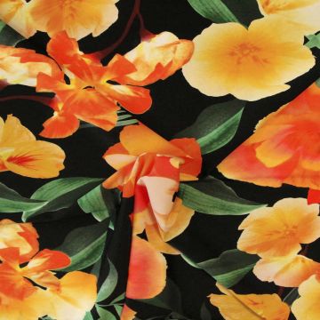 Badeanzugstoff - Orange and Yellow Big Flowers on Black