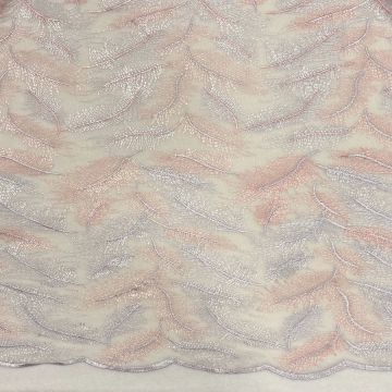 Mesh - Embroidery Feathers - Light Peach/White 