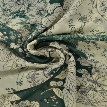 Chiffon - Pencil Art Flowers on Creme/Green 
