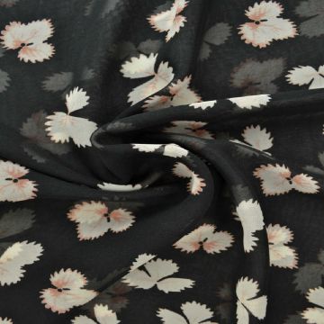 Chiffon - Salmon/White Leaves on Black