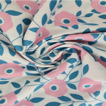 Baumwolle - Big Pink Flowers and Leaves on White