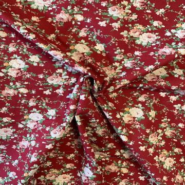 Katoen - Pink Roses on Warm Red