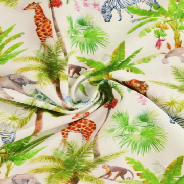 Baumwolle - Wild Animals and Palm Trees on White