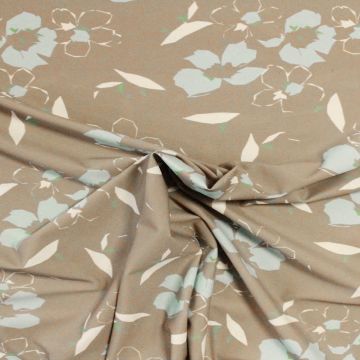 Lycra Jersey - Aqua Flowers on Taupe/Grey