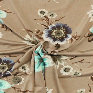 Lycra Jersey - Blue/Turqouise/White Flowers on Taupe 