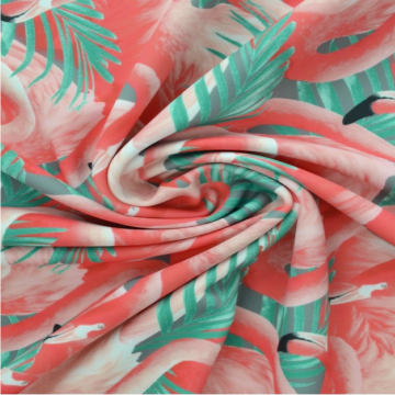 Badeanzugstoff - Coral Flamingos and Green Leaves