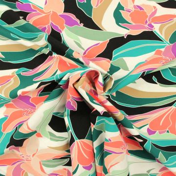 Badeanzugstoff - Orange/Magenta Lilies on Black