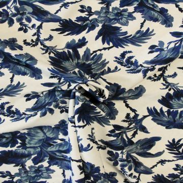 Badeanzugstoff - Dark Blue/Black Leaves and Flowers on White