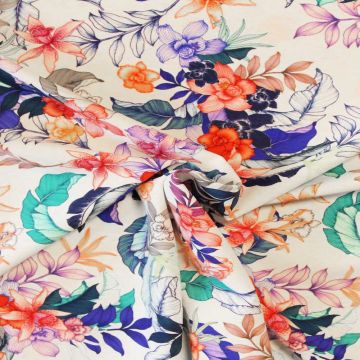 Badeanzugstoff - Multicolored Flowers and Leaves on White