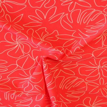 Badeanzugstoff - Drawn White Flowers on Bright Coral