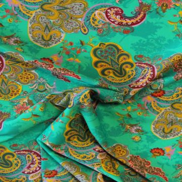 Badeanzugstoff - Ocher Paisley on Turquoise Green
