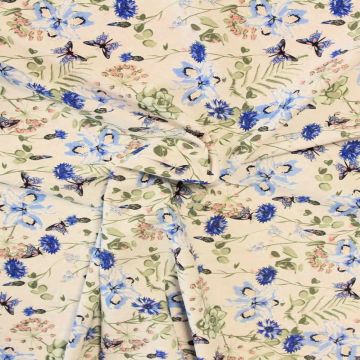 Badeanzugstoff - Blue Spring Flowers and Butterflies on White