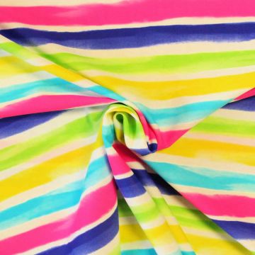 Badeanzugstoff - Bright Blue/Yellow/Pink/Green Stripes on White