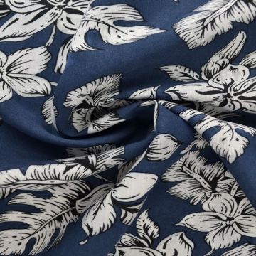 Viskose Fashion - white tropical flowers and leaves on dark blue