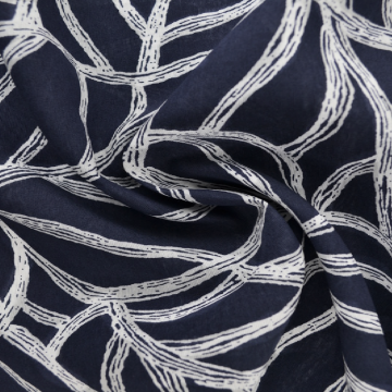 Viskose Fashion - White Big Lined Leaves on Dark Blue