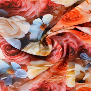 Viskose - Digital Pink/Orange/White Roses