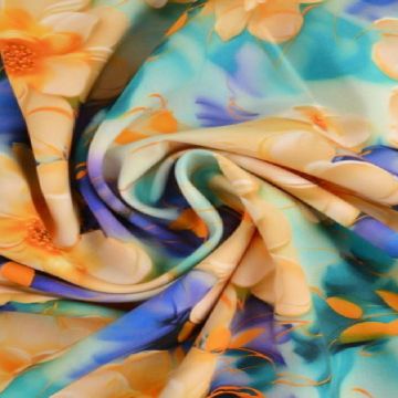 Viskose - Soft Vanilla Flowers on Petrol and Blue