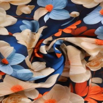 Viskose - Blue/White Flowers and Orange Leaves on Dark Blue