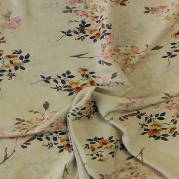 Viskose - Orange/Blue Flowers on Dirty Grey/Green