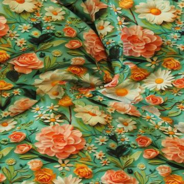 Viskose - Pink/White/Yellow Flowers on Bright Green/Turquoise