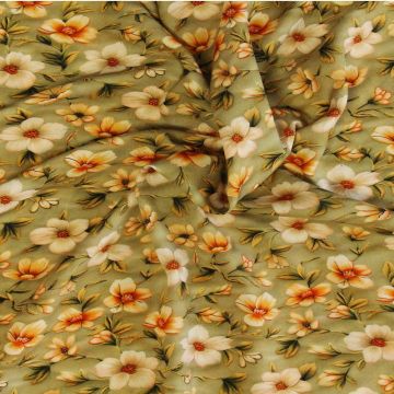 Viskose - Lovely Orange/White Flowers on Vintage Mossgreen