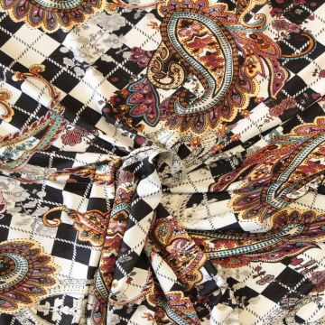 Viskose Jersey - Colorful Paisley on Black and White Cubes