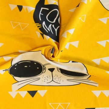 Katoen Canvas - Big Cat Faces on Yellow